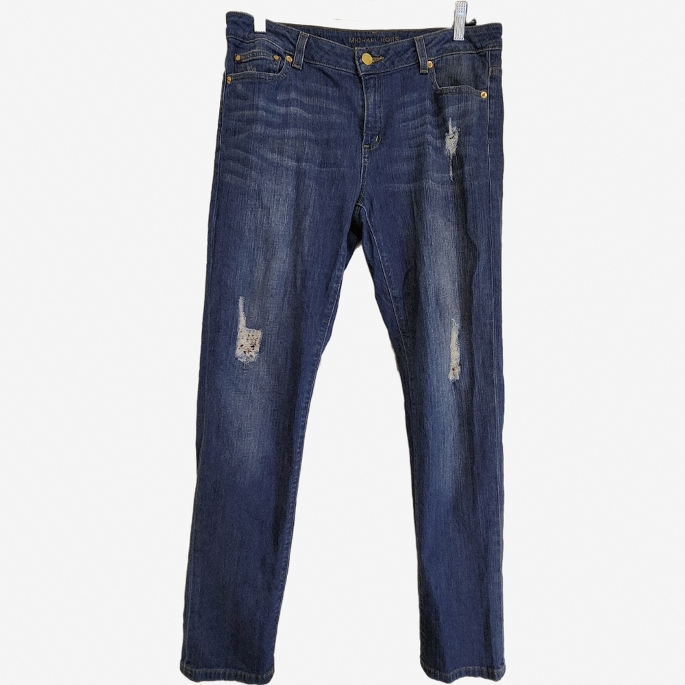 Michael Kors Womens Blue Jeans Dillon Relaxed Distressed Mid Rise DenimSz 8/33